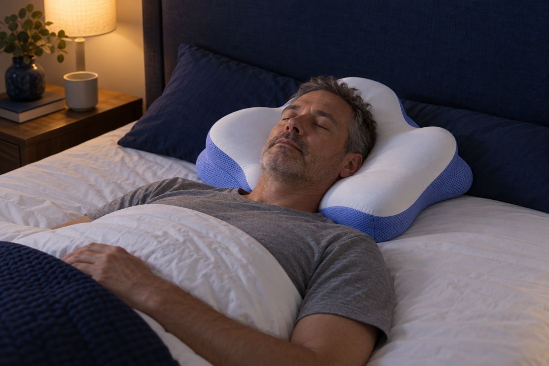 A man sleeping on his back on the butterfly-shaped pillow