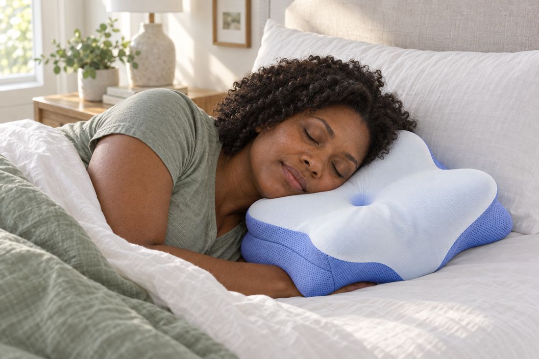 A woman sleeping on her side on a white butterfly-shaped neck pillow