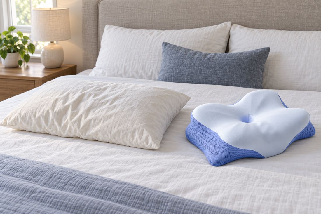 A standard rectangular bed pillow next to the smaller butterfly-shaped pillow